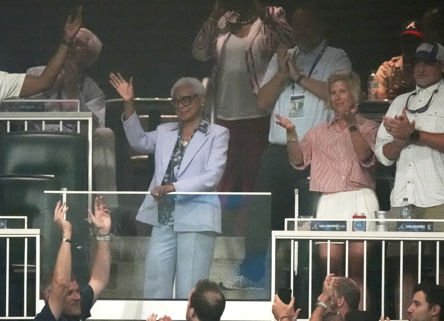 Billye Aaron, wife of baseball great Hank Aaron waves during at the MLB baseball All-Star game between the American League and National League, Tuesday, July 15, 2025, in Atlanta. (AP Photo/Mike Stewart)