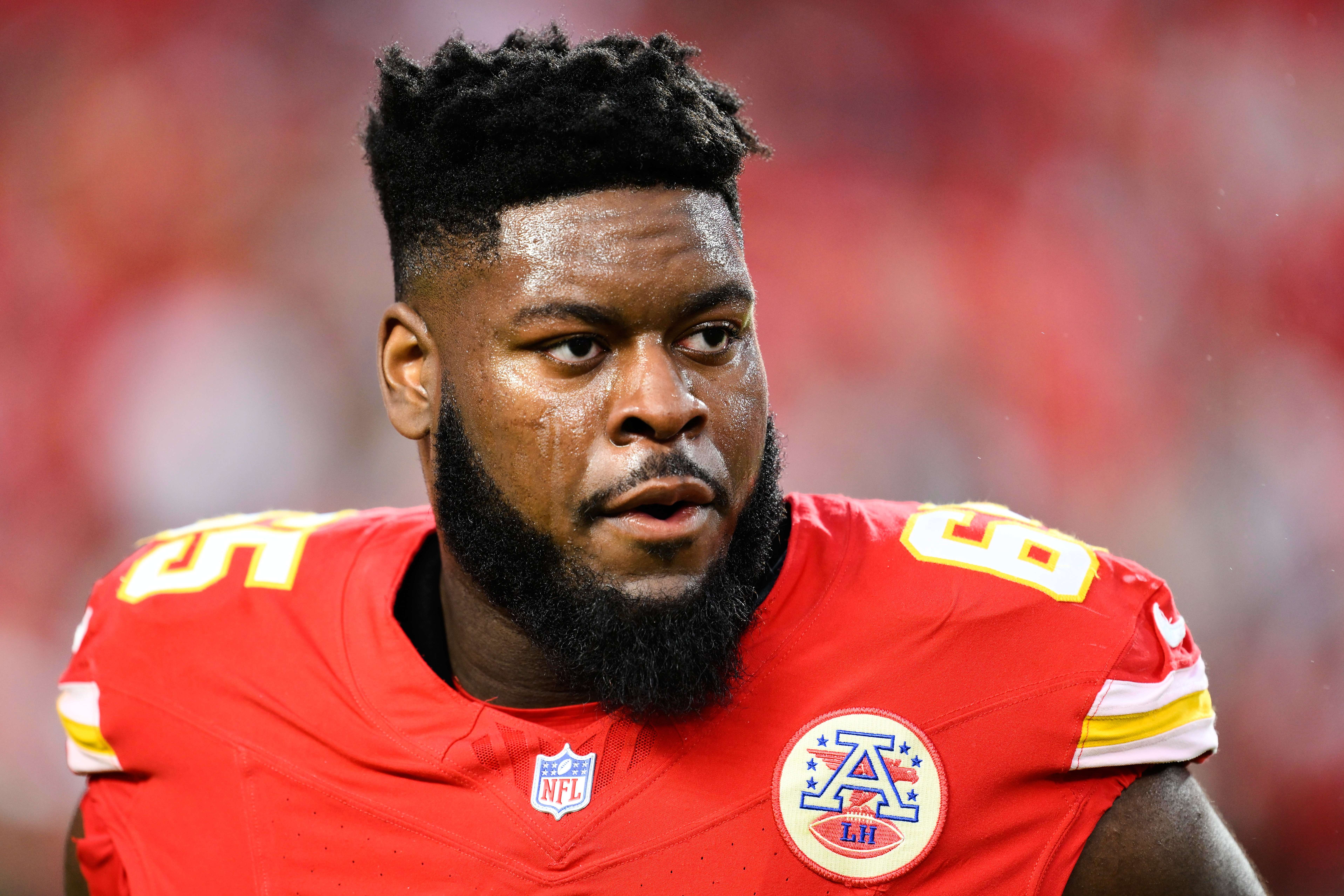 FILE - Kansas City Chiefs guard Trey Smith comes off the field after warmups before an NFL football game against the New Orleans Saints, Monday, Oct. 7, 2024 in Kansas City, Mo. (AP Photo/Reed Hoffmann, File)