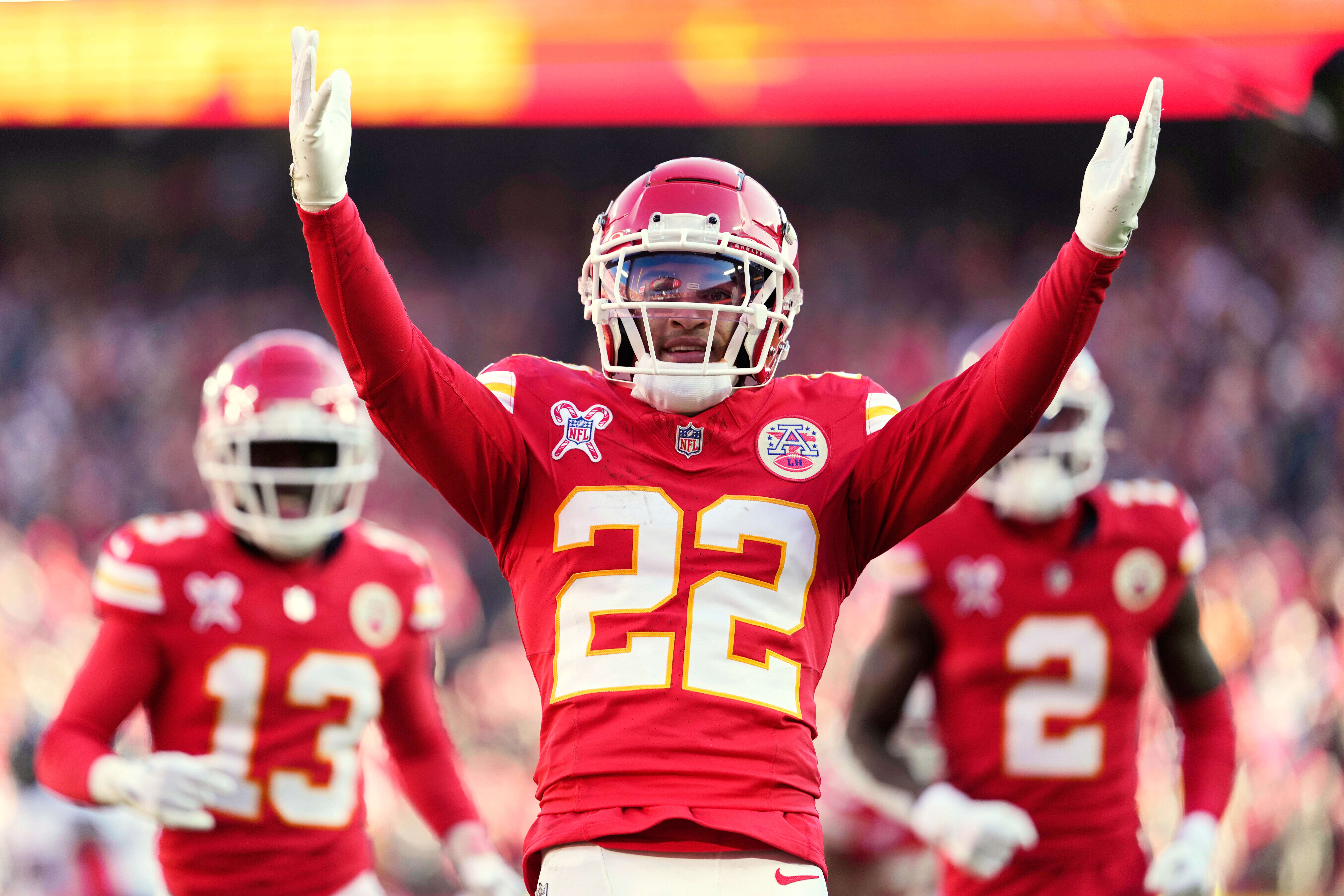 FILE - Kansas City Chiefs cornerback Trent McDuffie (22) celebrates an interception during an NFL football game against the Houston Texans Sunday, Dec. 21, 2024, in Kansas City, Mo. (AP Photo/Ed Zurga, File)