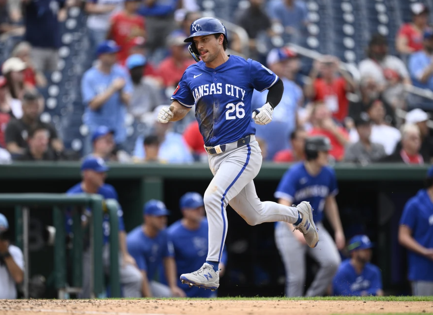 Kansas City Royals' Adam Frazier in action during a baseball game against the Washington Nationals, Sept. 26, 2024, in Washington. (AP Photo/Nick Wass, File)
