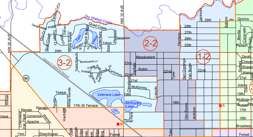 Ward 2 in Great Bend, in the northwest corner of the city, is indicated by the areas with the No. 2 after the hyphen.