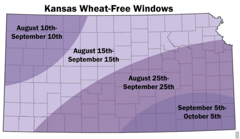 Figure 2. Proposed wheat-free windows in different regions of Kansas to reduce the likelihood of a wheat streak mosaic complex outbreak during the subsequent season. Wheat-free windows are defined as the 30-day period prior to the start of the optimal winter wheat planting date for the region.