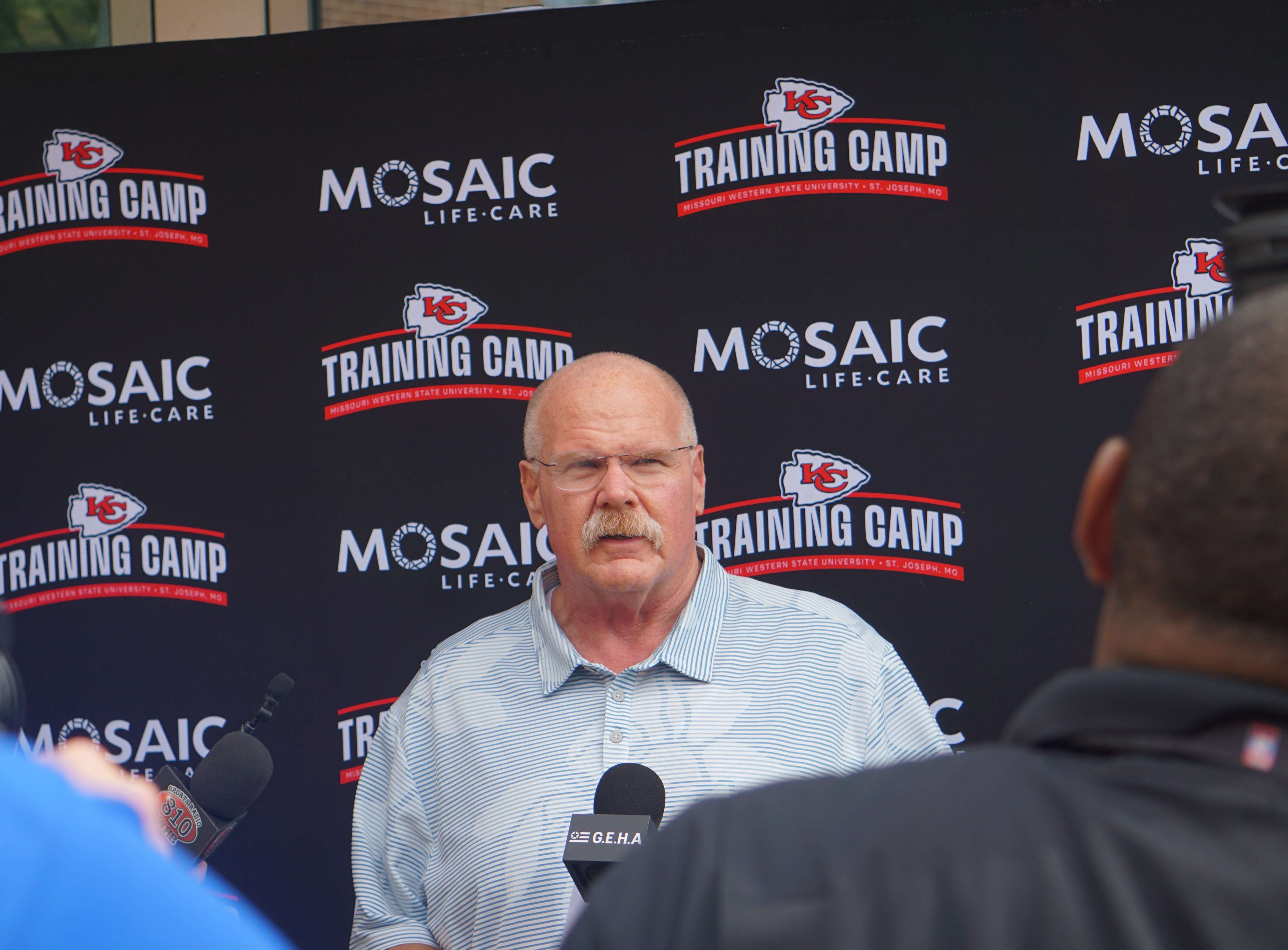 Andy Reid speaks to the media in front of Scanlon Hall at Missouri Western State University ahead of Chiefs Training Camp beginning on Tuesday/ Photo by Matt Pike