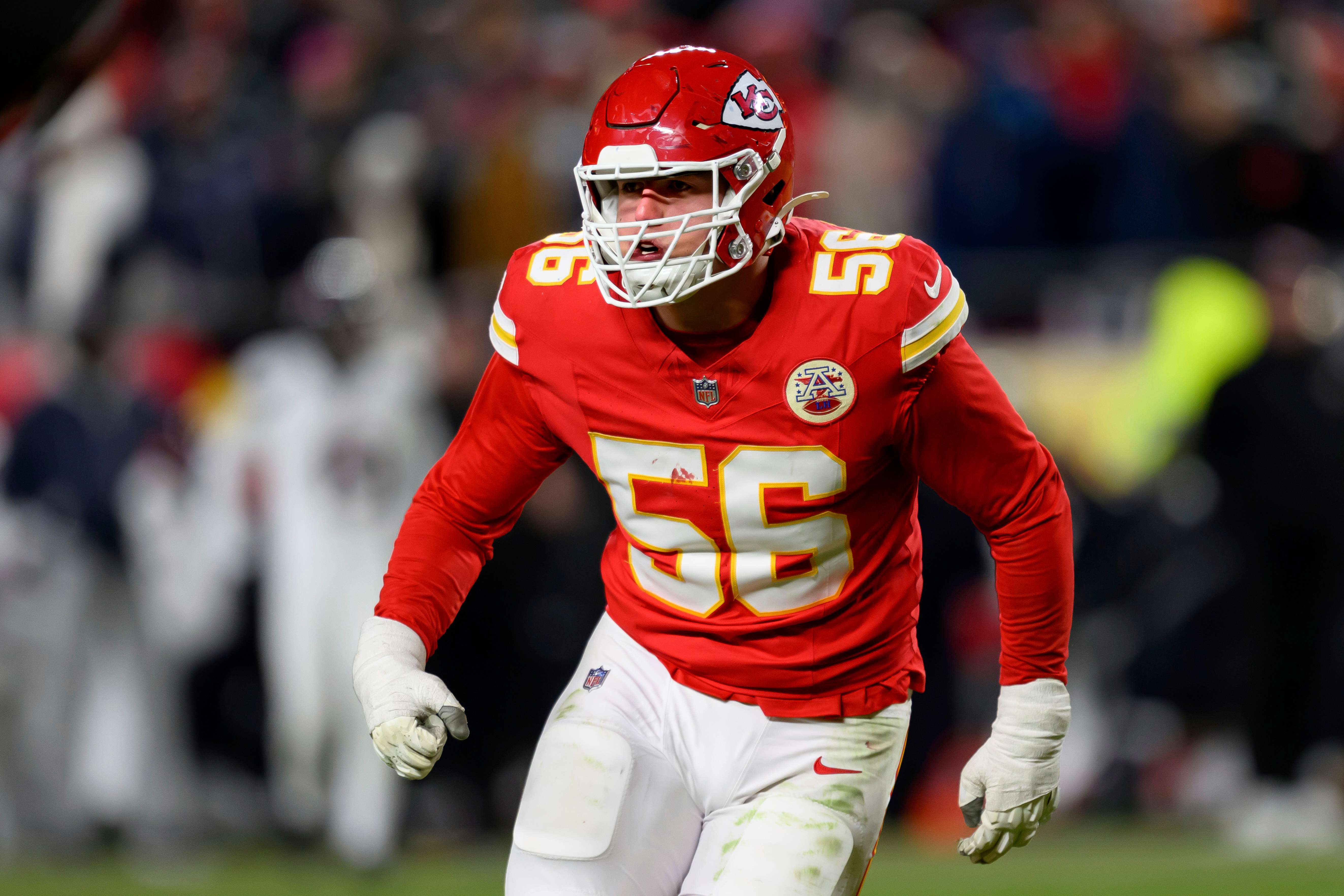 FILE - Kansas City Chiefs defensive end George Karlaftis celebrates a sack against the Houston Texans during the second half of an NFL football divisional playoff game, Saturday, Jan. 18, 2025, in Kansas City, Mo. (AP Photo/Reed Hoffmann, File)