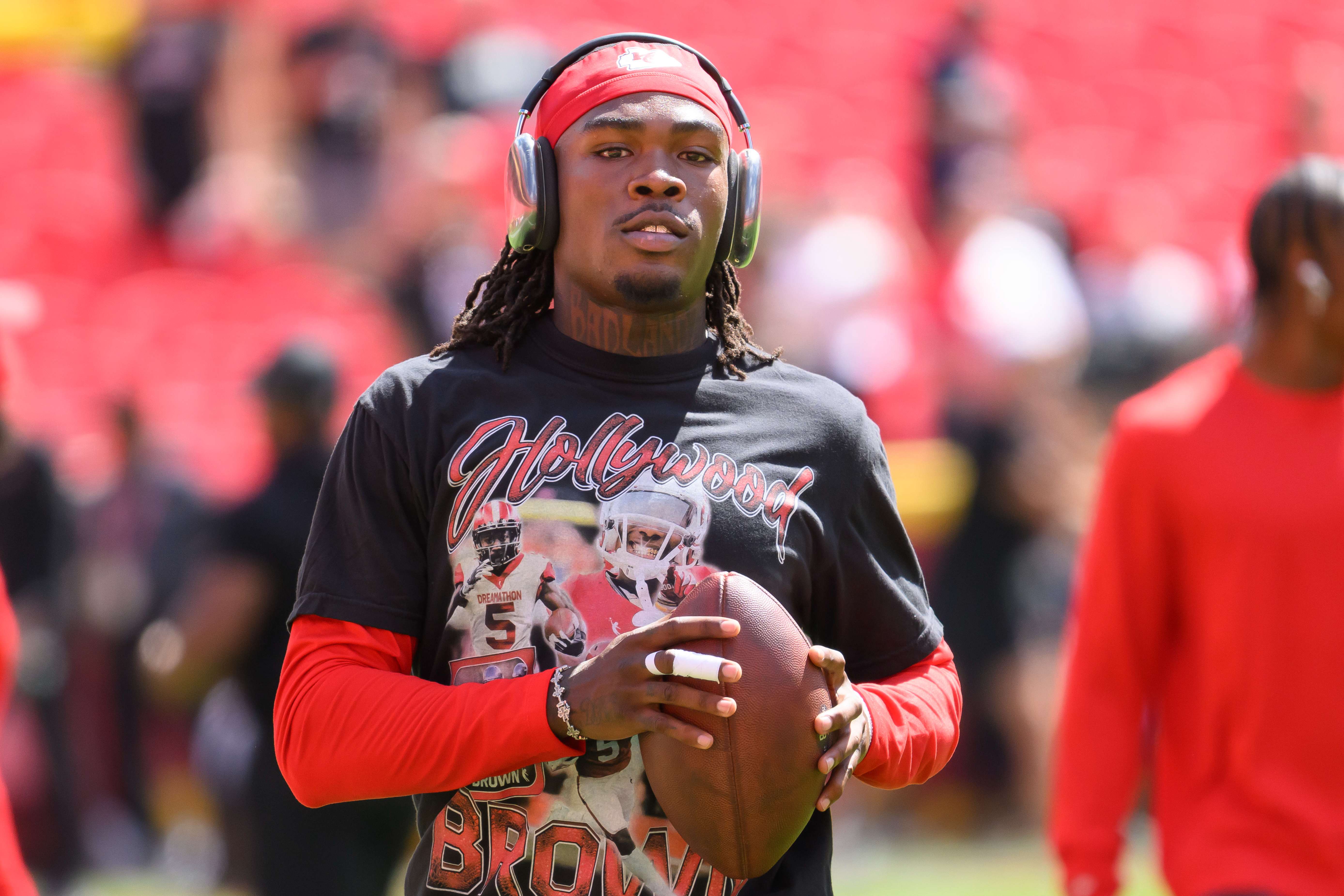 FILE - Kansas City Chiefs wide receiver Rashee Rice carries after a catch during warmups before an NFL football game against the Cincinnati Bengals, Sept. 15, 2024, in Kansas City, Mo. (AP Photo/Reed Hoffmann, File)