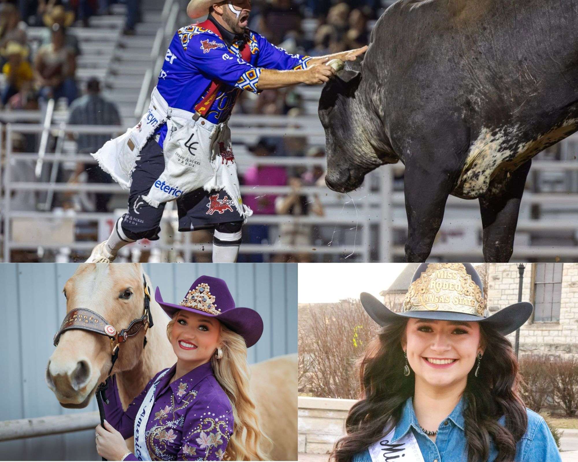 <b>(Top) Cody Emerson,</b> Texas professional bullfighter; photo courtesy of Cody Emerson. <b>(Bottom left) Callie Mueller</b>,&nbsp;Miss Rodeo America; Photo courtesy of Miss Rodeo America Association. <b>(Bottom right) Madeline Meyer</b>,&nbsp;Miss Rodeo K-State; photo courtesy of&nbsp; Madeline Meyer.&nbsp;