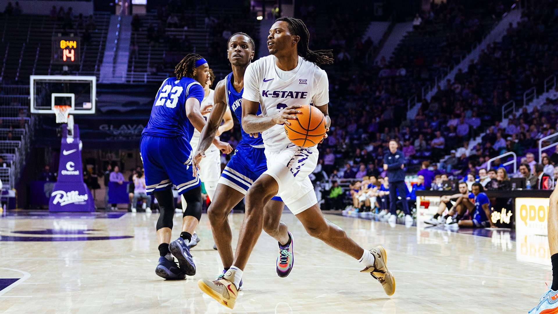 Kansas State's C.J. Jones drives to the basket against New Orleans on Tuesday, Nov. 5, 2024 at Bramlage Coliseum in Manhattan, Kan. (Kansas State Athletics photo)
