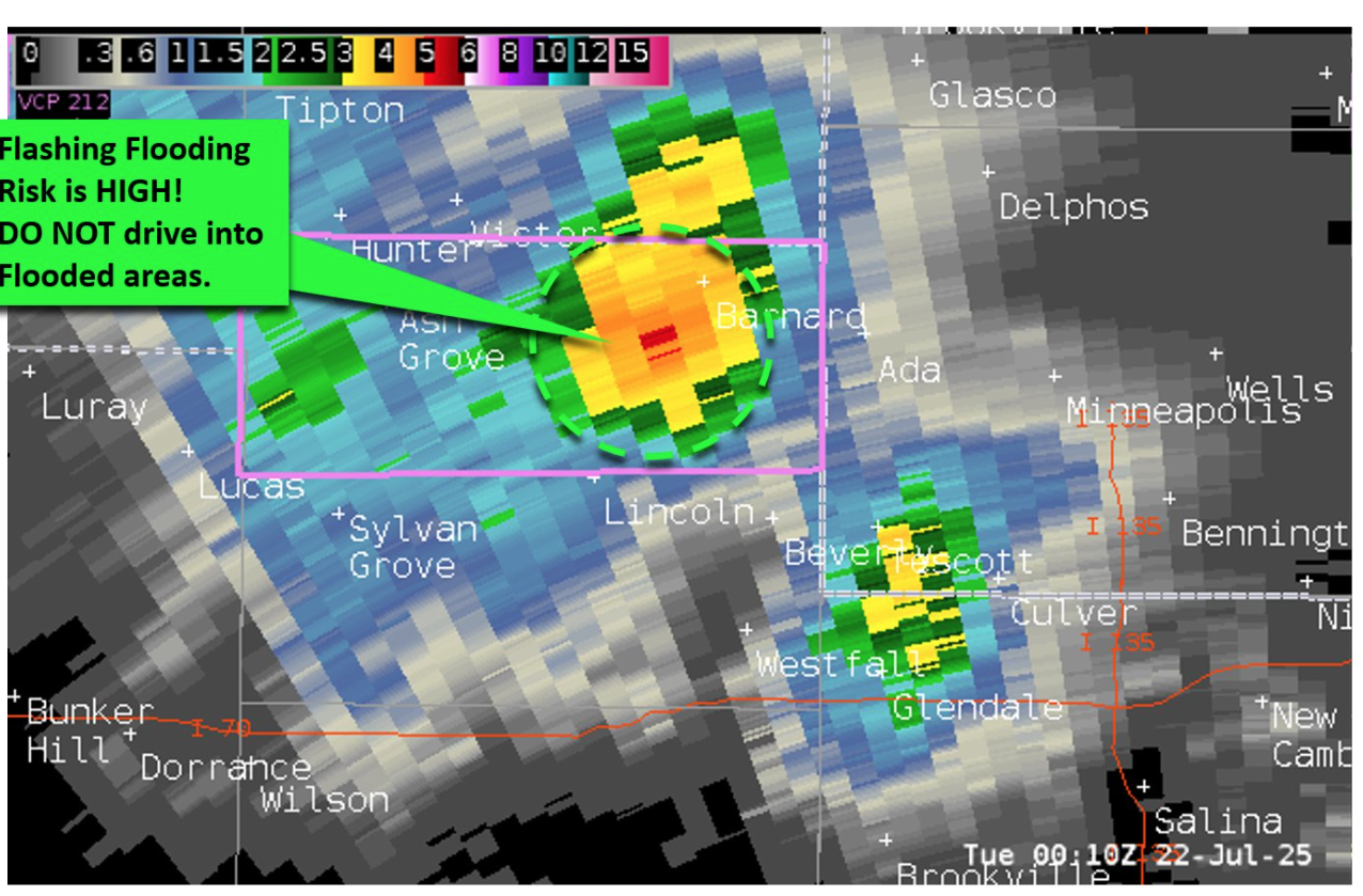 US National Weather Service (Wichita, KS) issues Flash Flood warning for north Lincoln County until 11:45 pm; radar courtesy of the US National Weather Service (Wichita, KS)