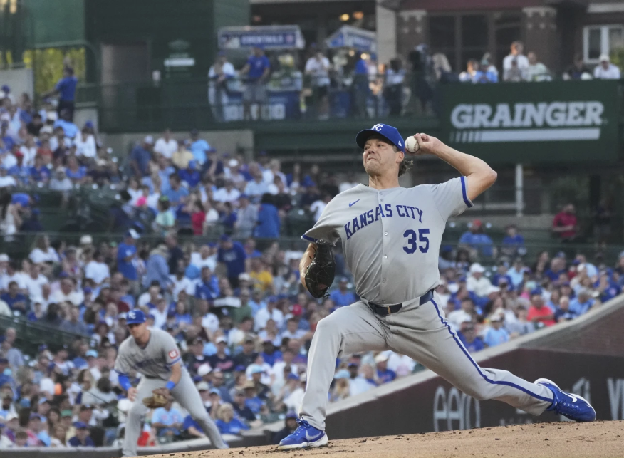 Kansas City Royals starting pitcher Rich Hill throws against the Chicago Cubs during the first inning of a baseball game in Chicago, Tuesday, July 22, 2025. (AP Photo/Nam Y. Huh)