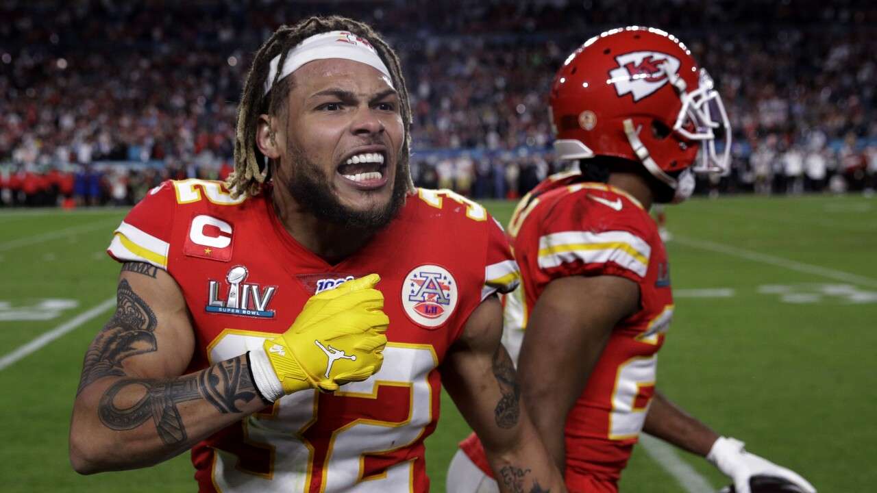Kansas City Chiefs' Tyrann Mathieu (32) celebrates during the second half of the NFL Super Bowl 54 football game against the San Francisco 49ers Sunday, Feb. 2, 2020, in Miami Gardens, Fla. The Kansas City Chiefs won 31-20. (AP Photo/Patrick Semansky)