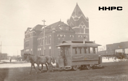 Hutchinson Interurban Horse-Drawn Streetcar - In front of Missouri-Pacific Depot - S.W. Cor. Ave. C & Main - 1903. Courtesy of the Conard-Harmon Collection.