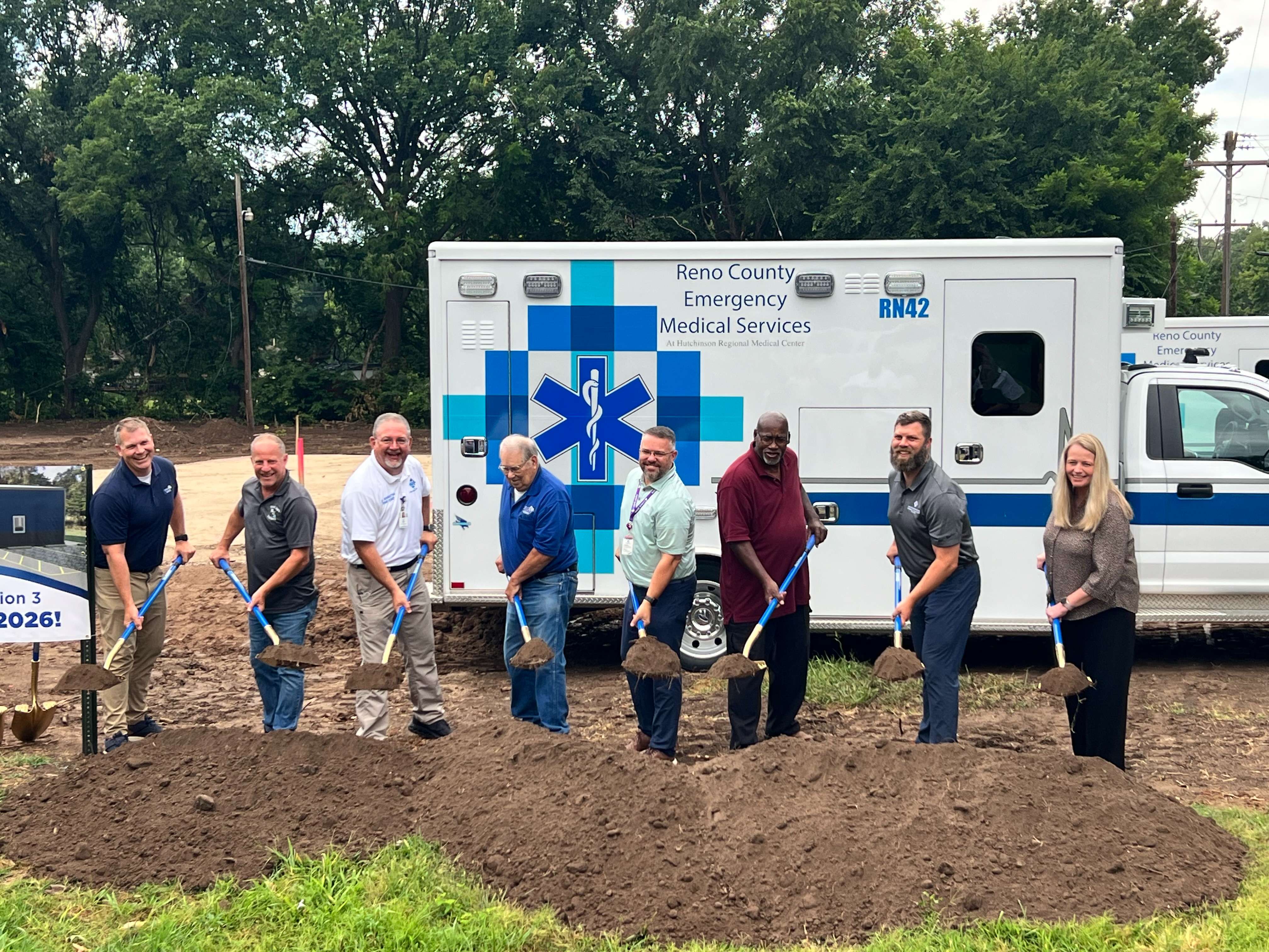 Reno County and Arlington city leaders join Hutchinson Regional Medical Center, Reno County EMS officials and Ward Davis Builders for the official groundbreaking of EMS Station 3 on Thursday, July 24, 2025, at 107 W. Fair St. in Arlington. The new station is expected to open in early 2026. (Photo courtesy of Reno County EMS)