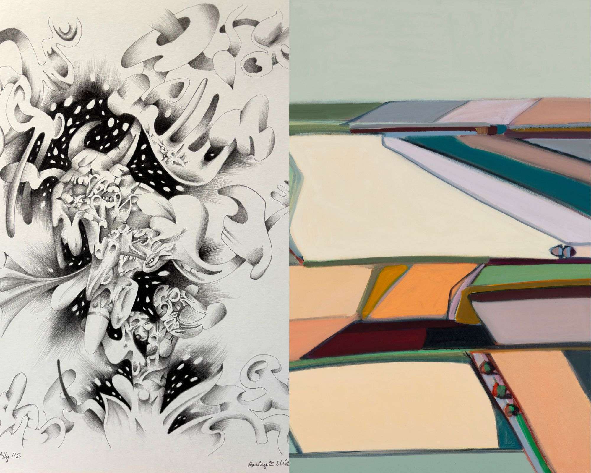 (left) "Ally 112" by Harley Elliot of Salina, (right) "Kansas Prairie Fields" by Karen Matheis of Lawrence; courtesy of <i>Birger Sandzén Memorial Gallery</i>