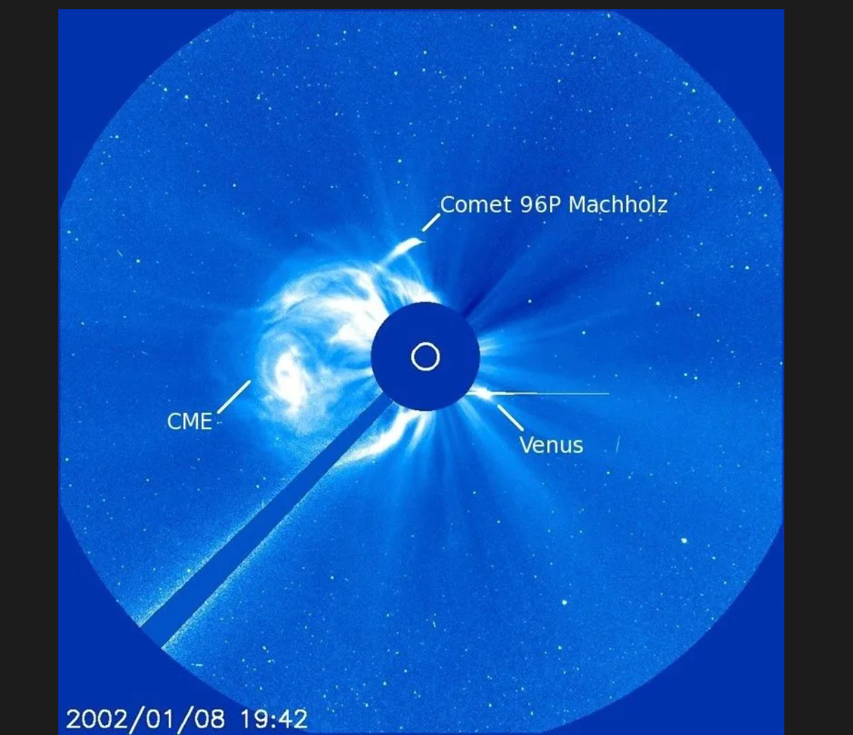 This image provided by NASA shows comet 96P Machholz which orbits the Sun about every 6 years, and is suspected to cause the Southern Delta Aquariids meteor showers. (NASA/ESA/SOHO via AP)