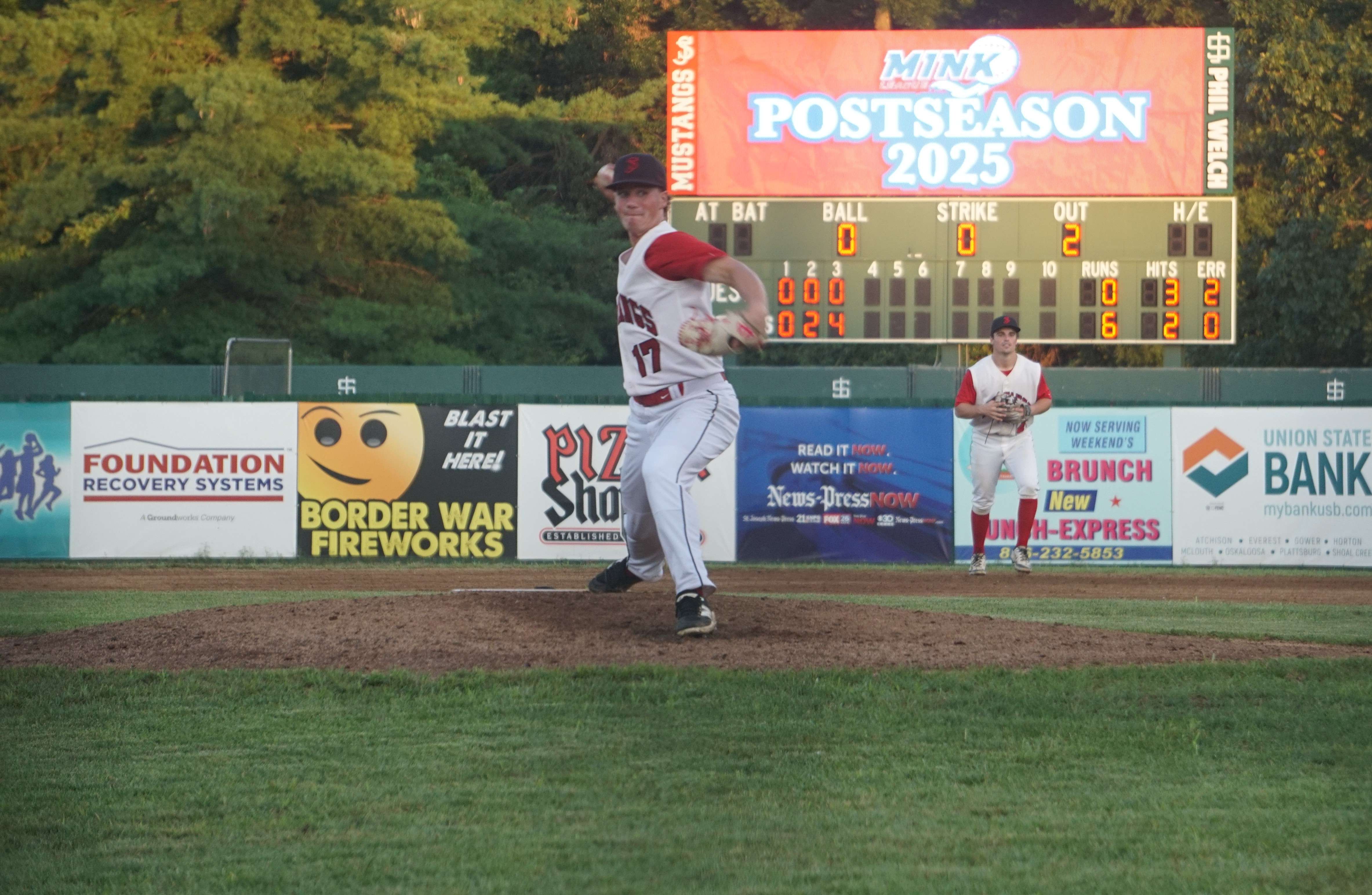 Bishop LeBlonsd alum and former Northwest Missouri State pitcher Jaren Guck threw a complete game shutout as the St. Joseph Mustangs won their 10th MINK League Championship/ Photo by Matt Pike