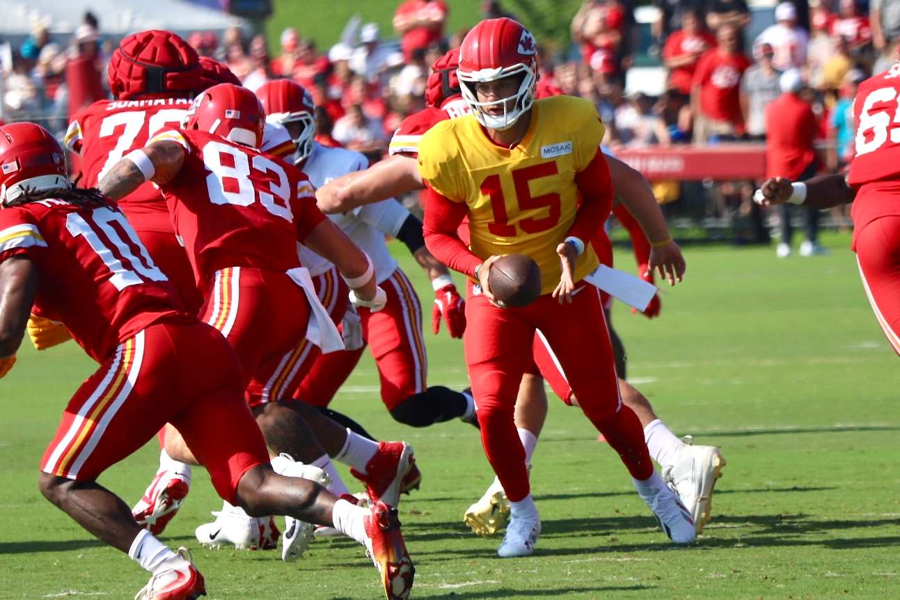 Patrick Mahomes runs a play action pass duing the first padded practice in St. Joseph/ Photo by Alexis Starks