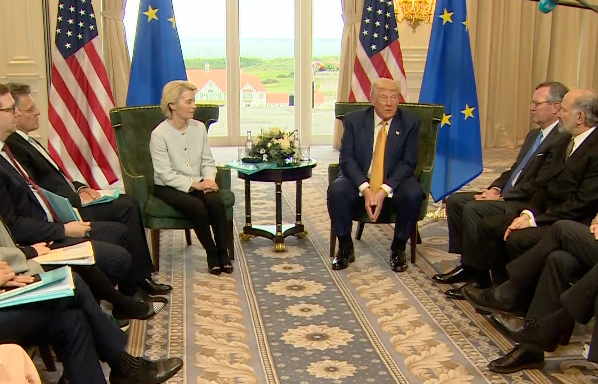 President&nbsp;<a href="https://apnews.com/hub/donald-trump">Donald Trump</a>&nbsp;and European Commission chief Ursula von der Leyen during a meeting at Trump's Turnberry golf course in Scotland on Sunday-image White House