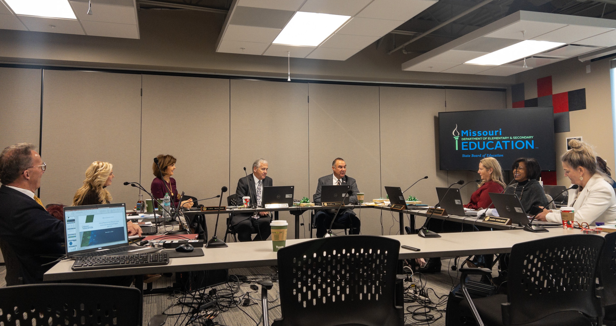 Gov. Mike Kehoe talks with the State Board of Education meeting during its December meeting before officially taking office in January (Annelise Hanshaw/Missouri Independent).