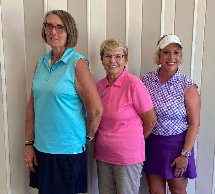 Individual flight winners of the 2025 Hutchinson Women’s Golf Association City Match Play Championship at Carey Park Golf Course, from left: Second Flight champion Joan Smith, First Flight champion Peggy Dickinson and Championship Flight winner Erika Barnes. (Photo Courtesy Carey Park Women's Golf Association)