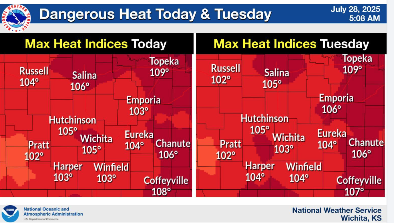 Heat indices for Monday, July 28; courtesy of the US National Weather Service