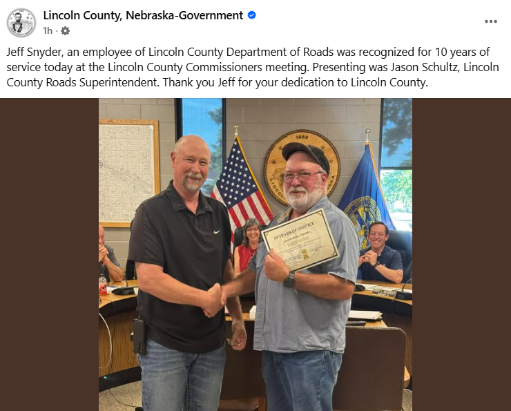 Jeff Snyder, an employee of Lincoln County Department of Roads was recognized for 10 years of service today at the Lincoln County Commissioners meeting