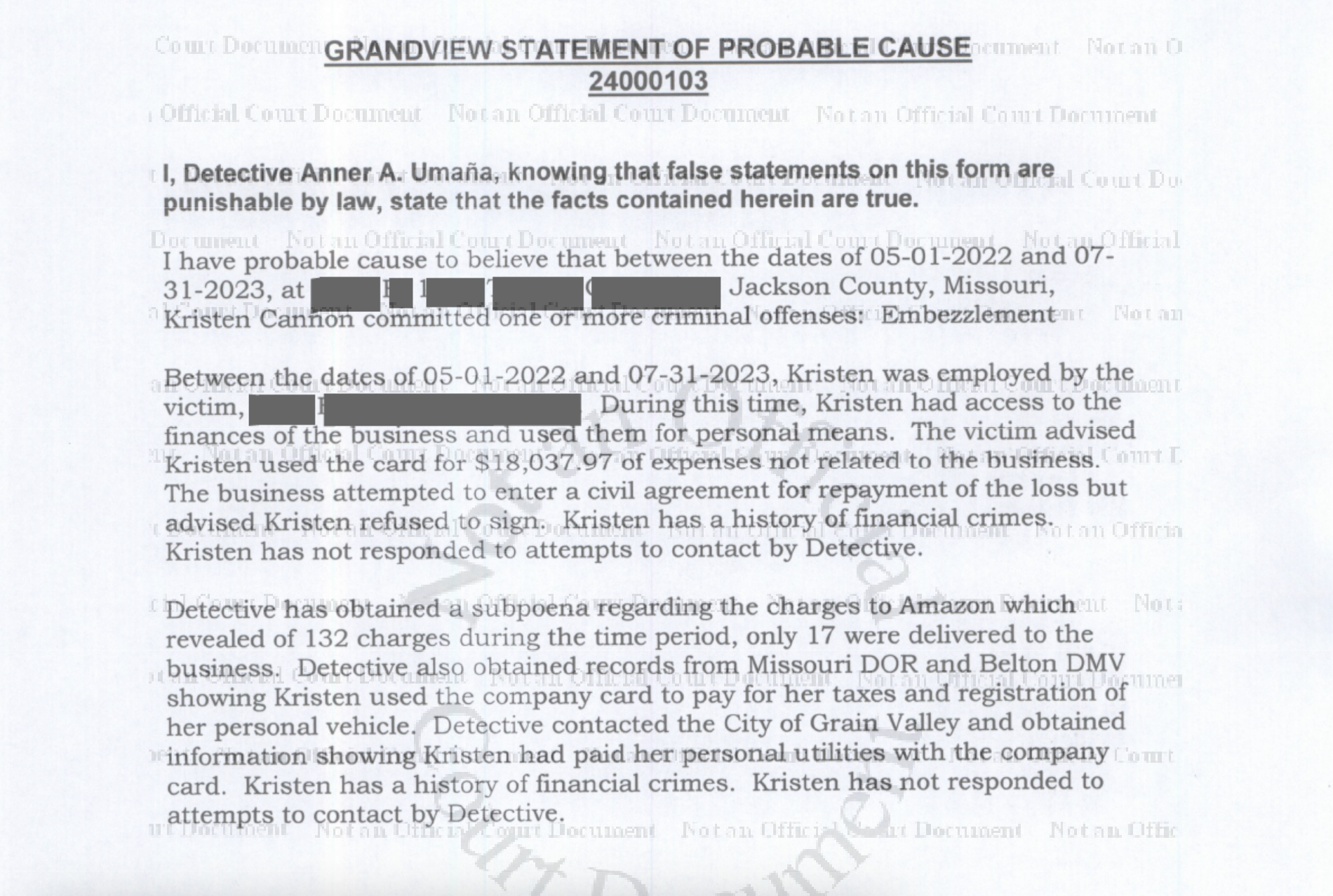 Court record from the Jackson Co. Prosecutor's office