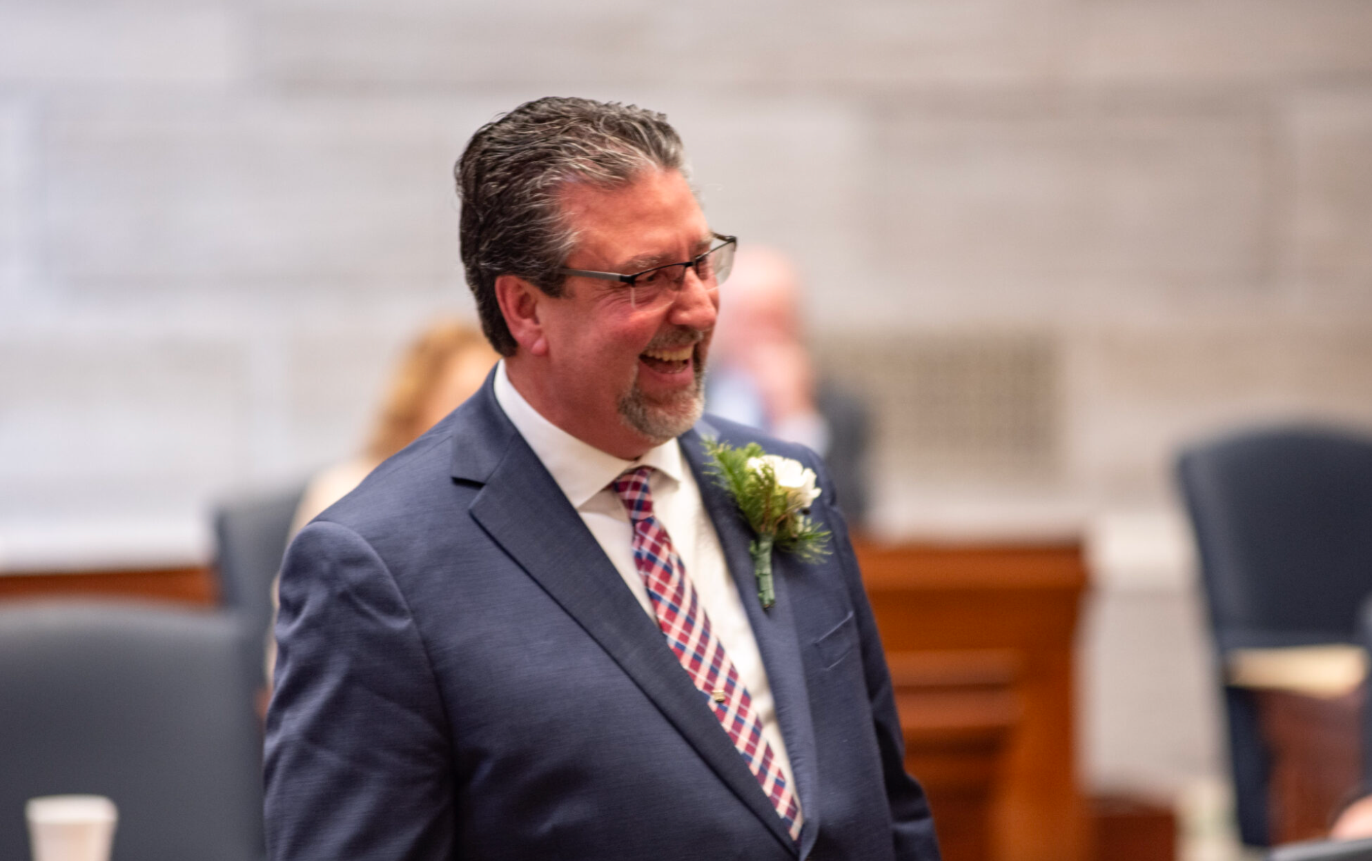 State Sen. Joe Nicola laughs during his introduction to the Missouri Senate on the first day of the 2025 legislative session (Annelise Hanshaw/Missouri Independent).