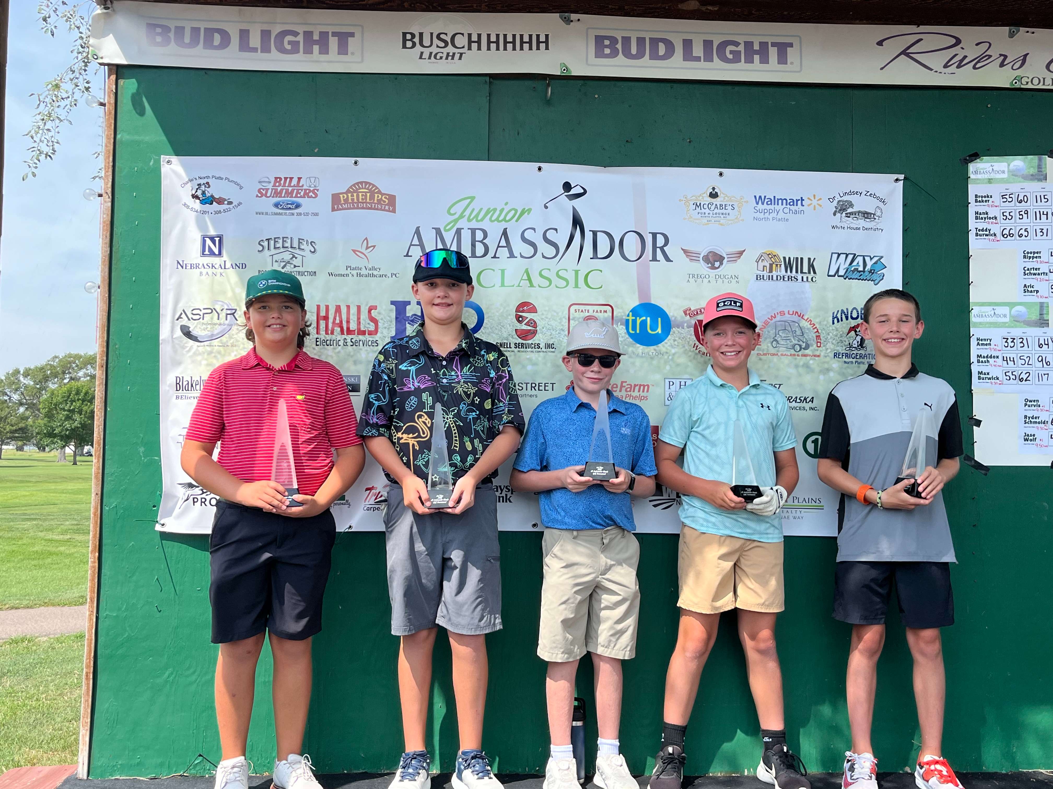Winners of the Boys 10-11 flight stand on the stage Tuesday following the final day of play at the 2025 Junior Ambassador Classic in North Platte. Pictured left to right are: Henry Amen, Imperial, (first); Elias Champ, Fremont, (second); Ryan O’Neill, North Platte, (third); Jase Wolf, Stuart, (fourth) and Owen Purvis, Kearney, (fifth).