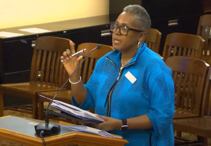 Carla Whiteside-Hicks is the director of economic and employment services at the Kansas Department for Children and Families, which administers SNAP in the state. She appeared before state lawmakers at an April committee hearing on payment error rates.&nbsp;Screenshot of legislative hearing.