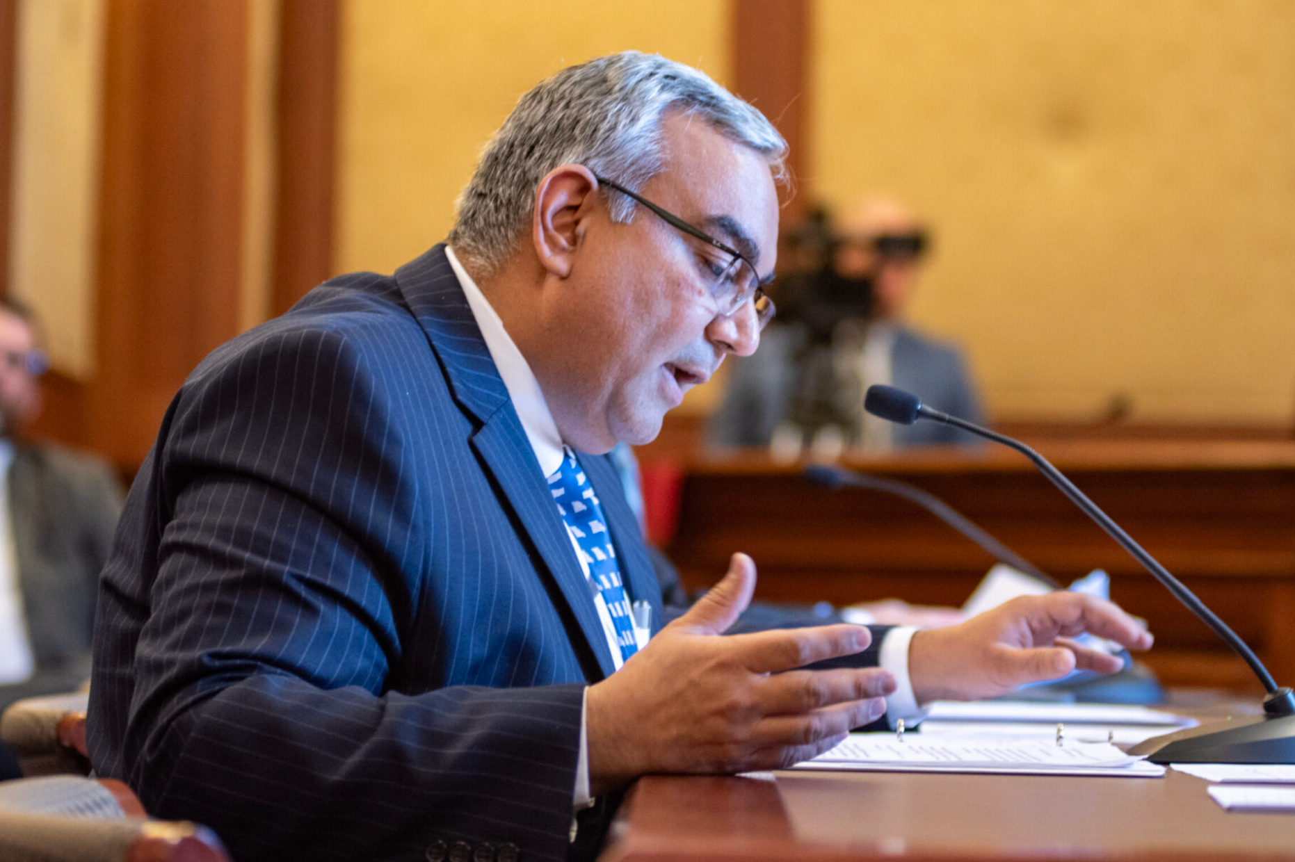 State Treasurer Vivek Malek testifies in a Senate committee in January 2024, fielding questions about the oversight of the MOScholars program (Annelise Hanshaw/Missouri Independent).
