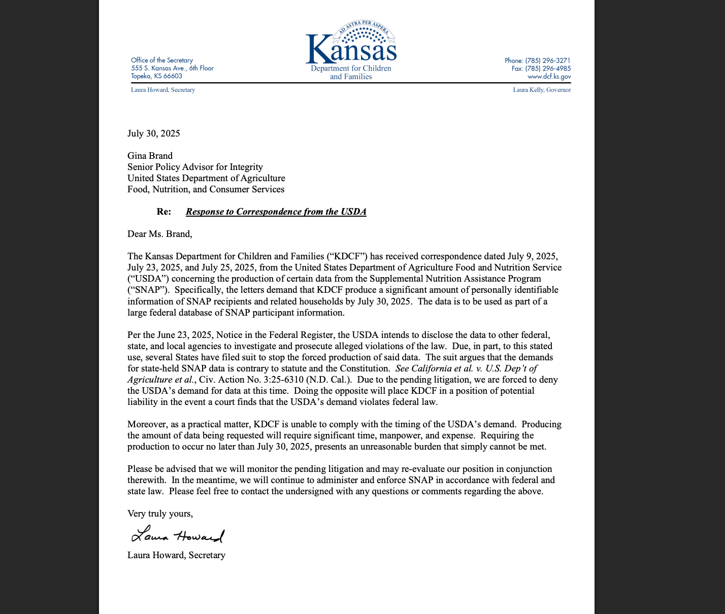Copy of the letter sent to USDA