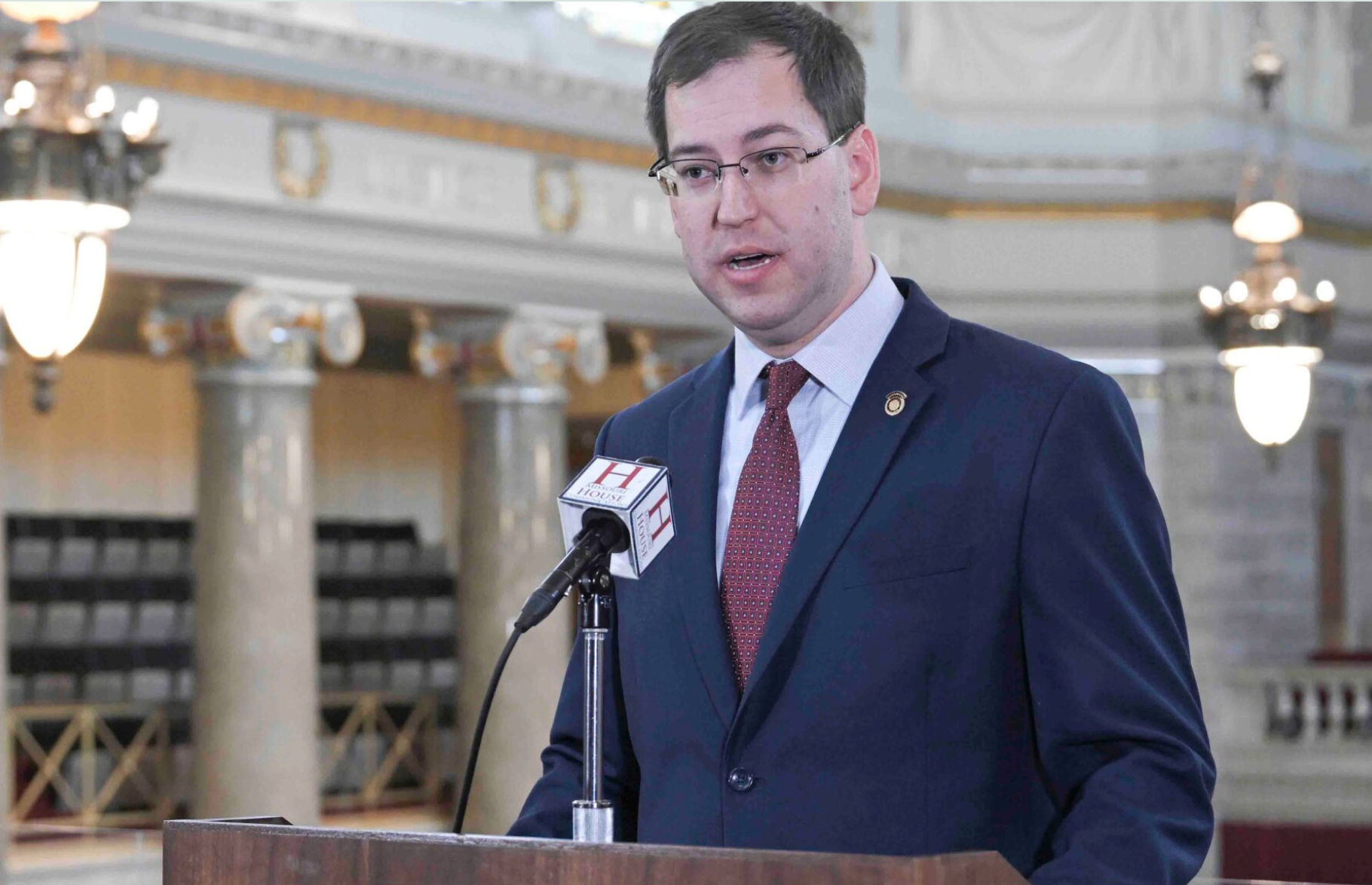 House Majority Leader Alex Riley speaks April 10 at a news conference in the Missouri House (Tim Bommel/Missouri House Communications).