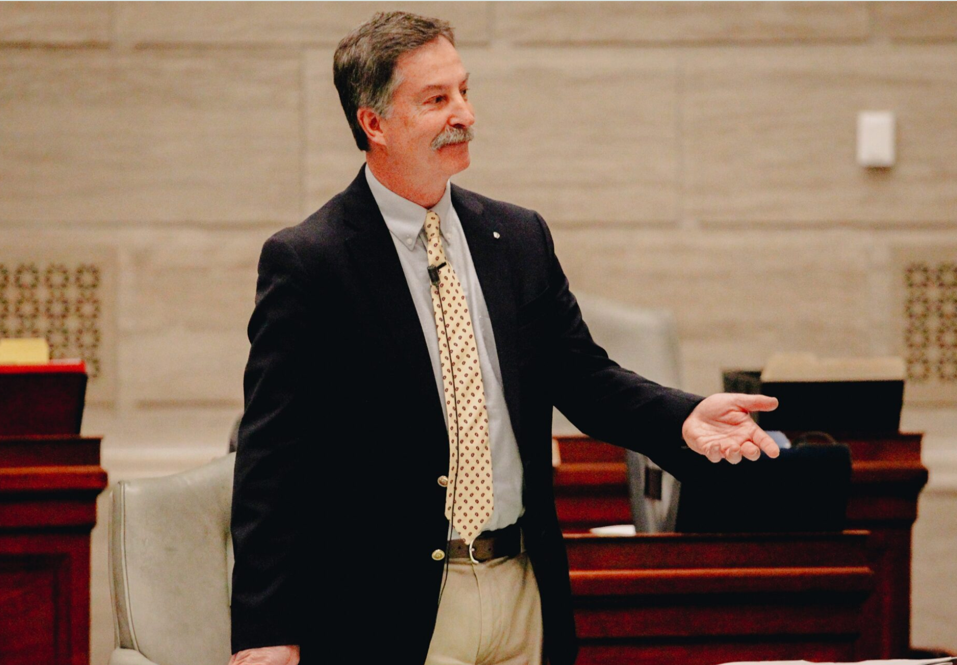 Republican Sen. Mike Moon speaks during February 2022 on Senate floor. He is suing to block a bill passed in a June special session that would finance stadiums for the Kansas City Chiefs and Royals (photo by Madeline Carter).