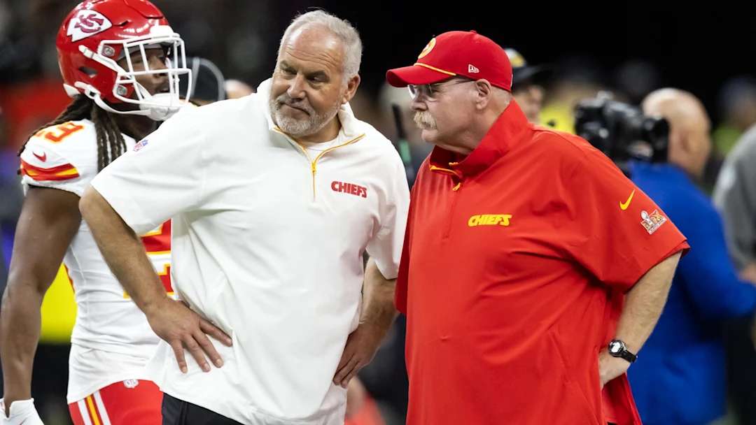 Feb 9, 2025; New Orleans, LA, USA; Kansas City Chiefs special teams coordinator Dave Toub (left) with head coach Andy Reid against the Philadelphia Eagles in Super Bowl LIX at Ceasars Superdome. Mandatory Credit: Mark J. Rebilas-Imagn Images | Mark J. Rebilas-Imagn Images