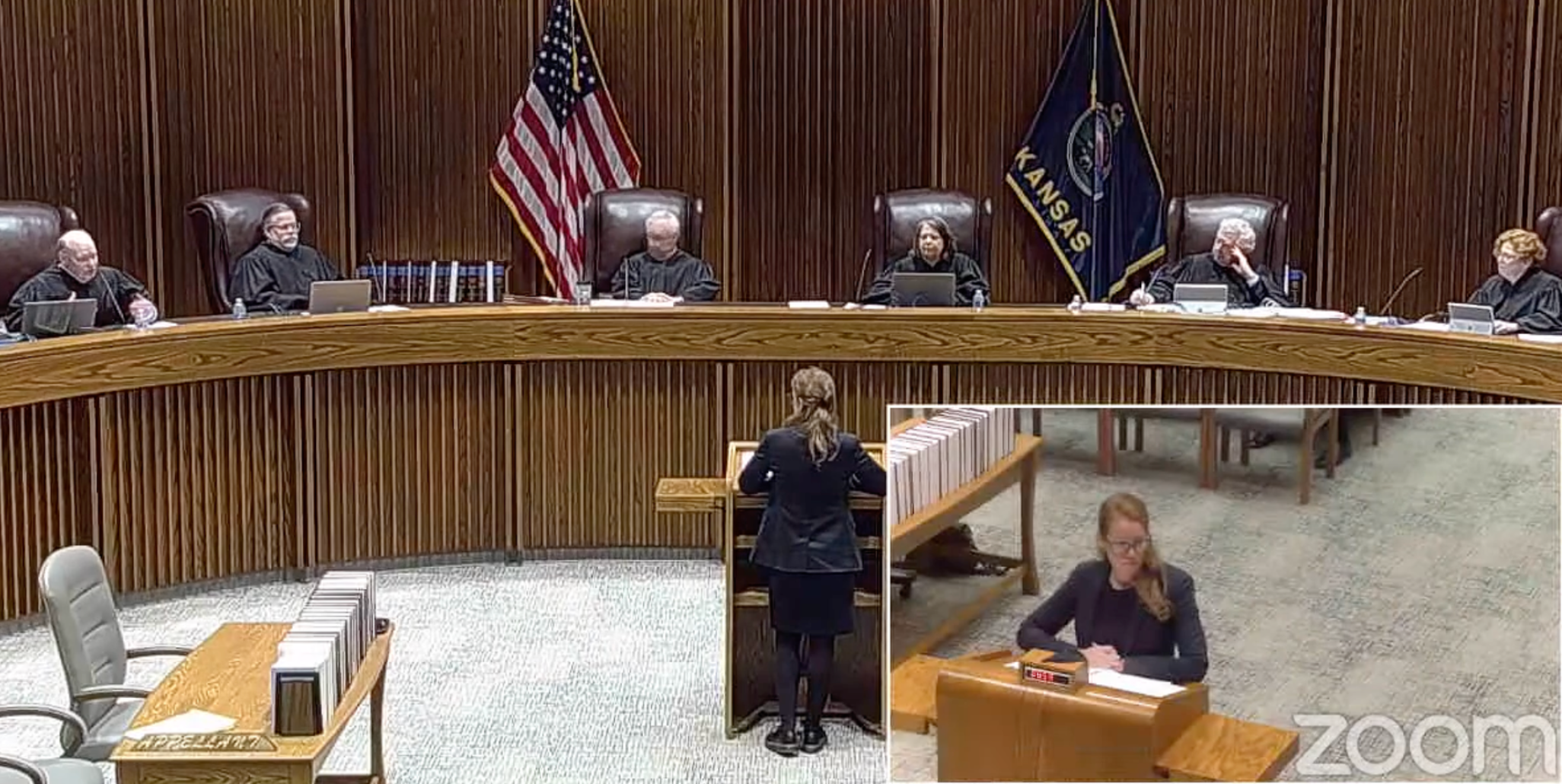  Attorney Jadh Kerr testifies before the Kansas Supreme Court about the validity of $21,000 in late fees in a landlord-tenant case. (Kansas Reflector screen capture of Kansas Supreme Court proceeding)