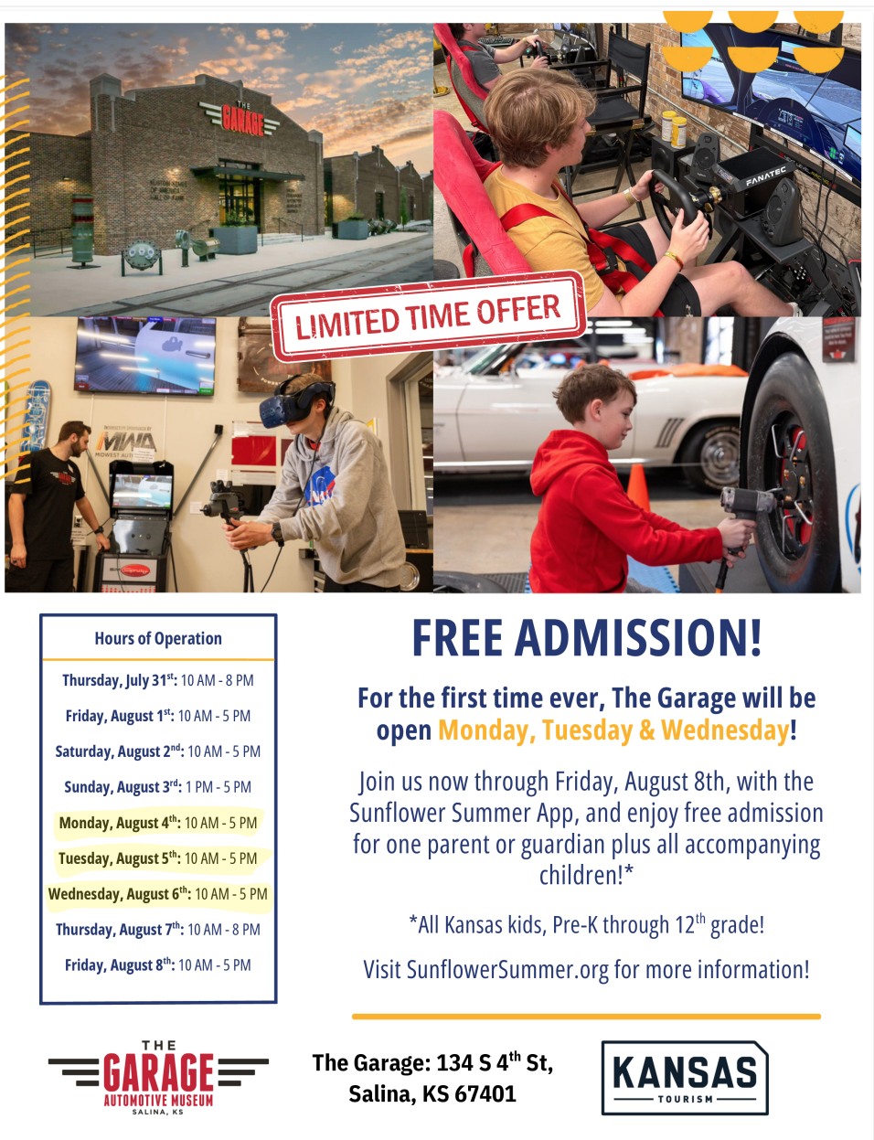 The Garage opening Monday, Tuesday and Wednesday (August 4 - August 6) from 10:00 am - 5:00 pm for the first time during the 2025 Sunflower Summer program; courtesy of the Garage Automotive Museum