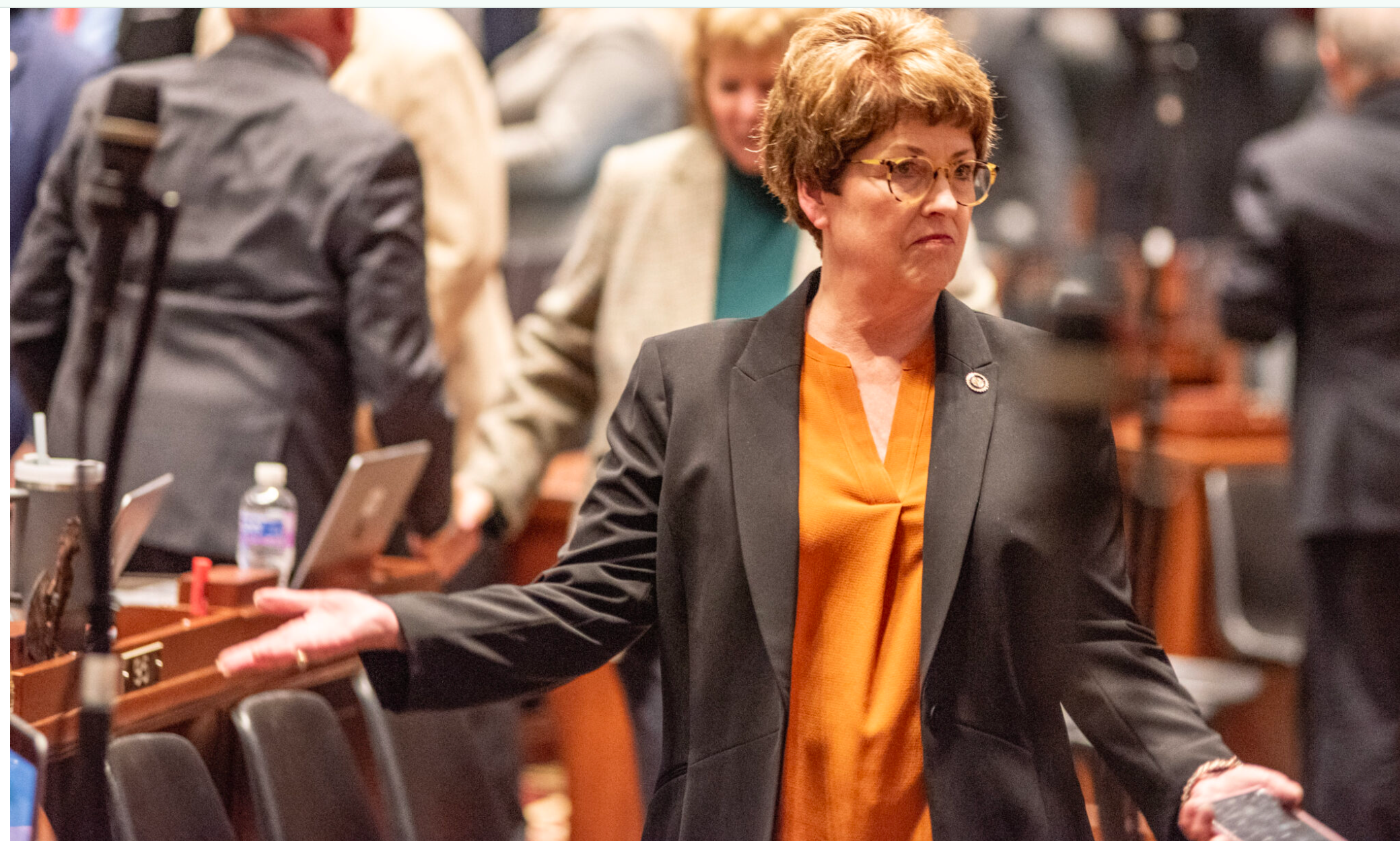 Missouri Senate President Pro Tem Cindy O'Laughlin, R-Shelbina, shown walking into the governor's State of the State address in January 2024. (Annelise Hanshaw/Missouri Independent).