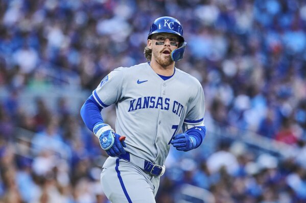 Kansas City Royals' Bobby Witt Jr. rounds the bases after hitting a three-run home run against the Toronto Blue Jays during first-inning baseball game action in Toronto, Friday, Aug. 1, 2025. (Sammy Kogan/The Canadian Press via AP)