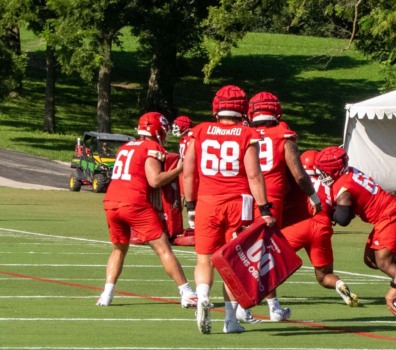 The Chiefs offensive line works hard at Kansas City Chiefs Training Camp.  The offensive line battle has been a huge focus of this year's camp in St. Joseph/ Photo by Justin Peacock