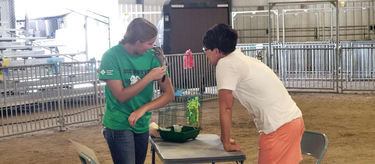 Ayla Foster shares a laugh as she presents her pair of sugar gliders in the Small Pet Show at the 2025 Box Butte County Fair