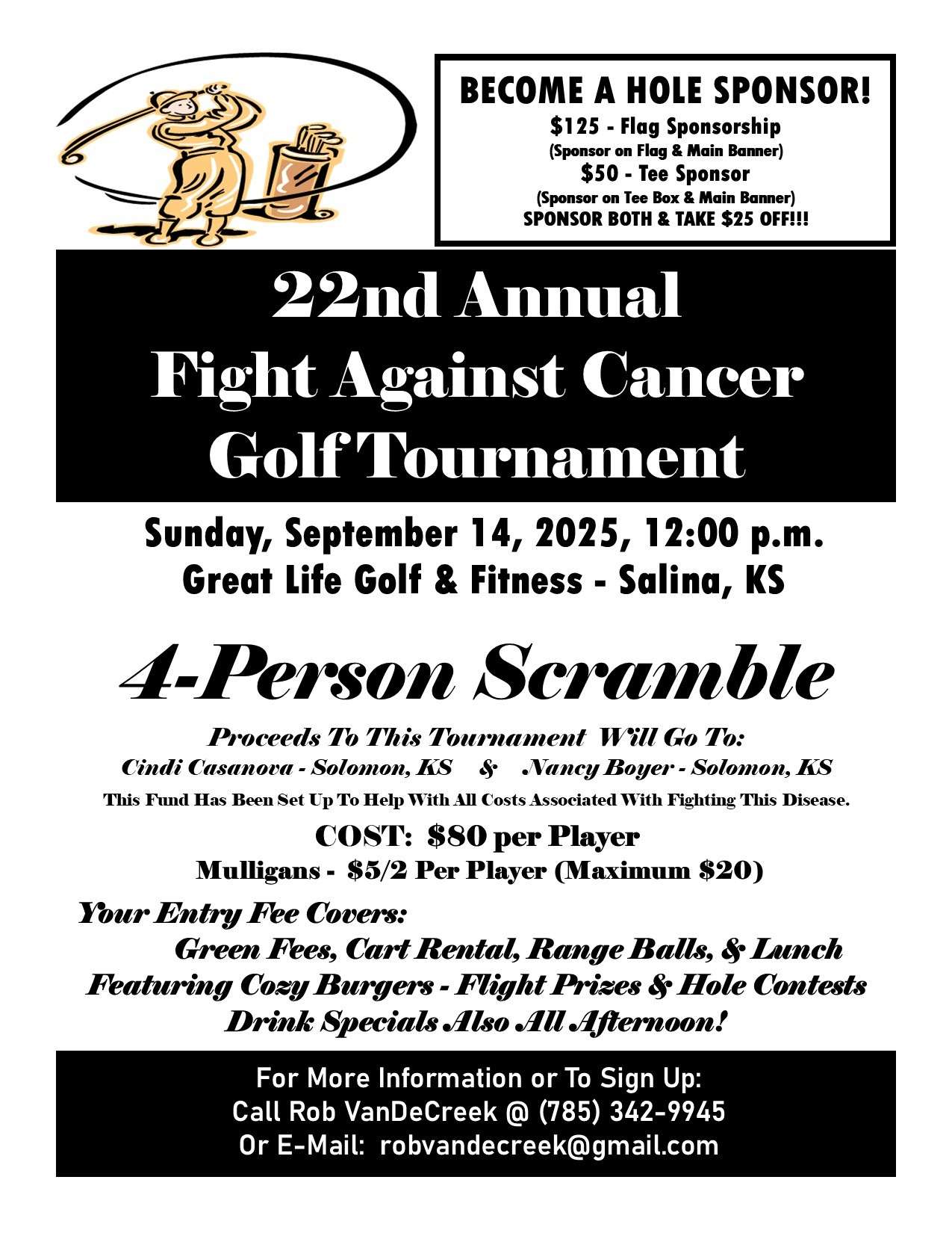 22nd Annual Fight Against Cancer Gold Tournament flyer on Sunday, September 14, 12:00 pm at the Great Life Golf & Fitness (1800 S Marymount Rd.); courtesy of Rob VanDeCreek