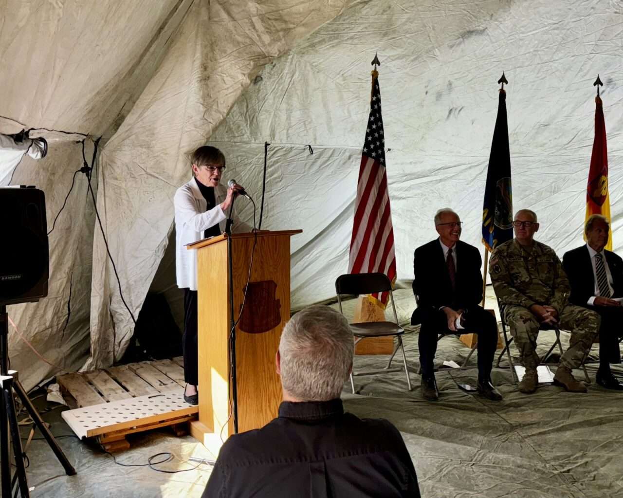 Gov. Laura Kelly speaking at the groundbreaking ceremony for a new Kansas National Guard readiness center in Hays. Photo by Tony Guerrero/Hays Post