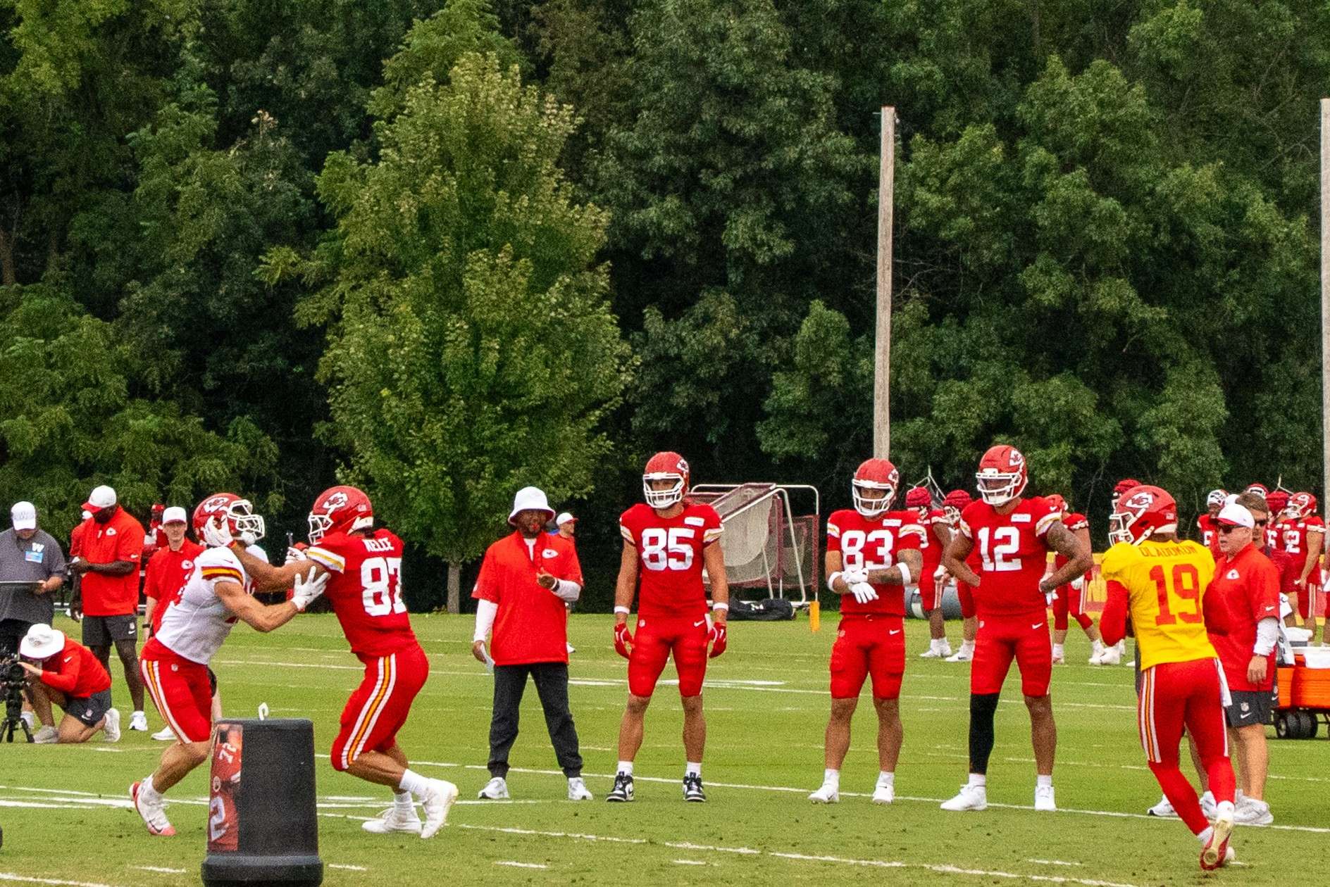 Travis Kelce works on a blocking drill during Chiefs Training Camp in St. Joseph/ Photo by Justin Peacock
