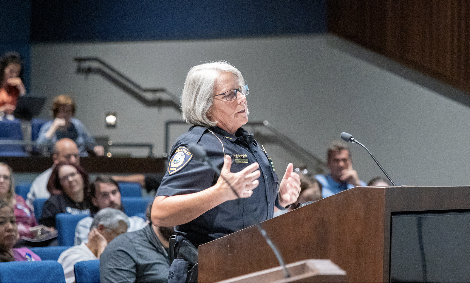  Lenexa Police Chief Dawn Layman addressed the city council during an Aug. 5, 2025, meeting. (Sherman Smith/Kansas Reflector)