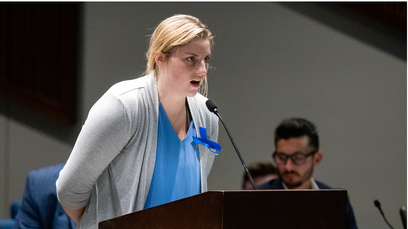 Overland Park resident Sara Rohleder speaks at the Aug. 5, 2025, Lenexa City Council meeting. (Sherman Smith/Kansas Reflector)