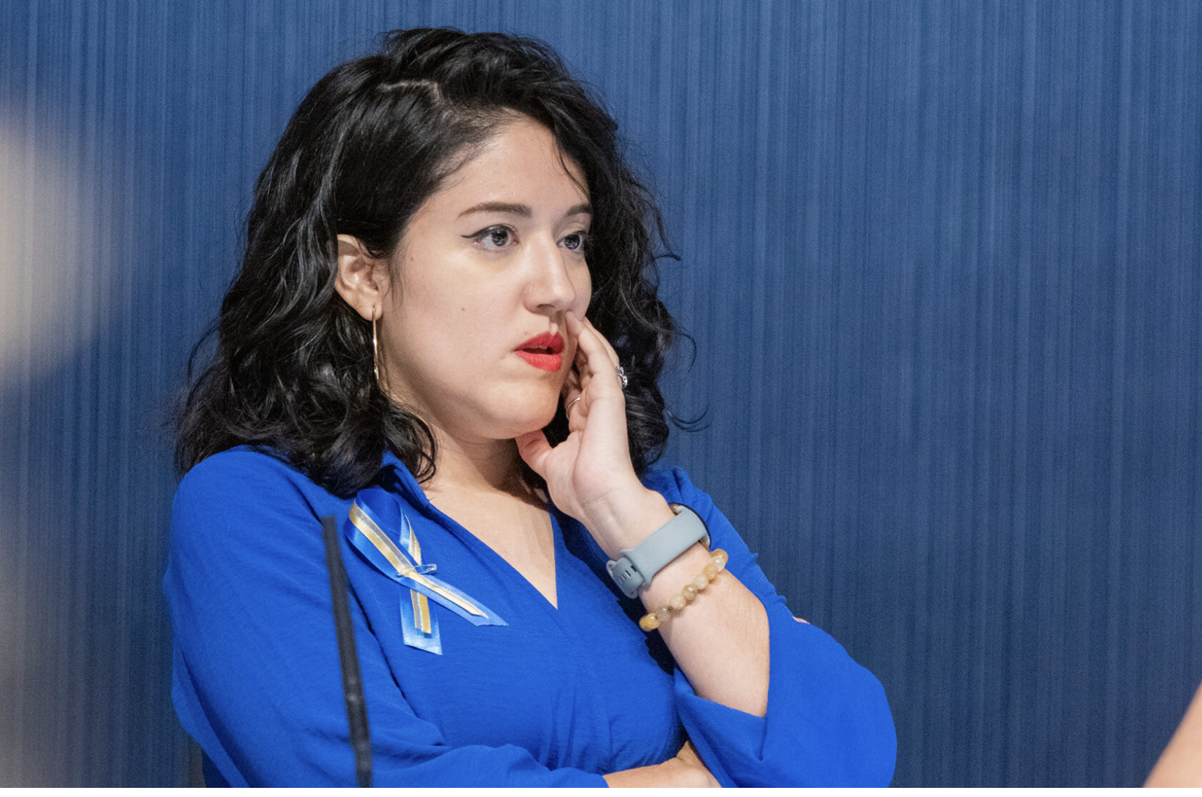  Lenexa City Council member Melanie Arroyo talks with supporters after the Aug. 5, 2025, council meeting. Arroyo revealed city police investigated her citizenship status and required her to prove her citizenship. (Sherman Smith/Kansas Reflector)