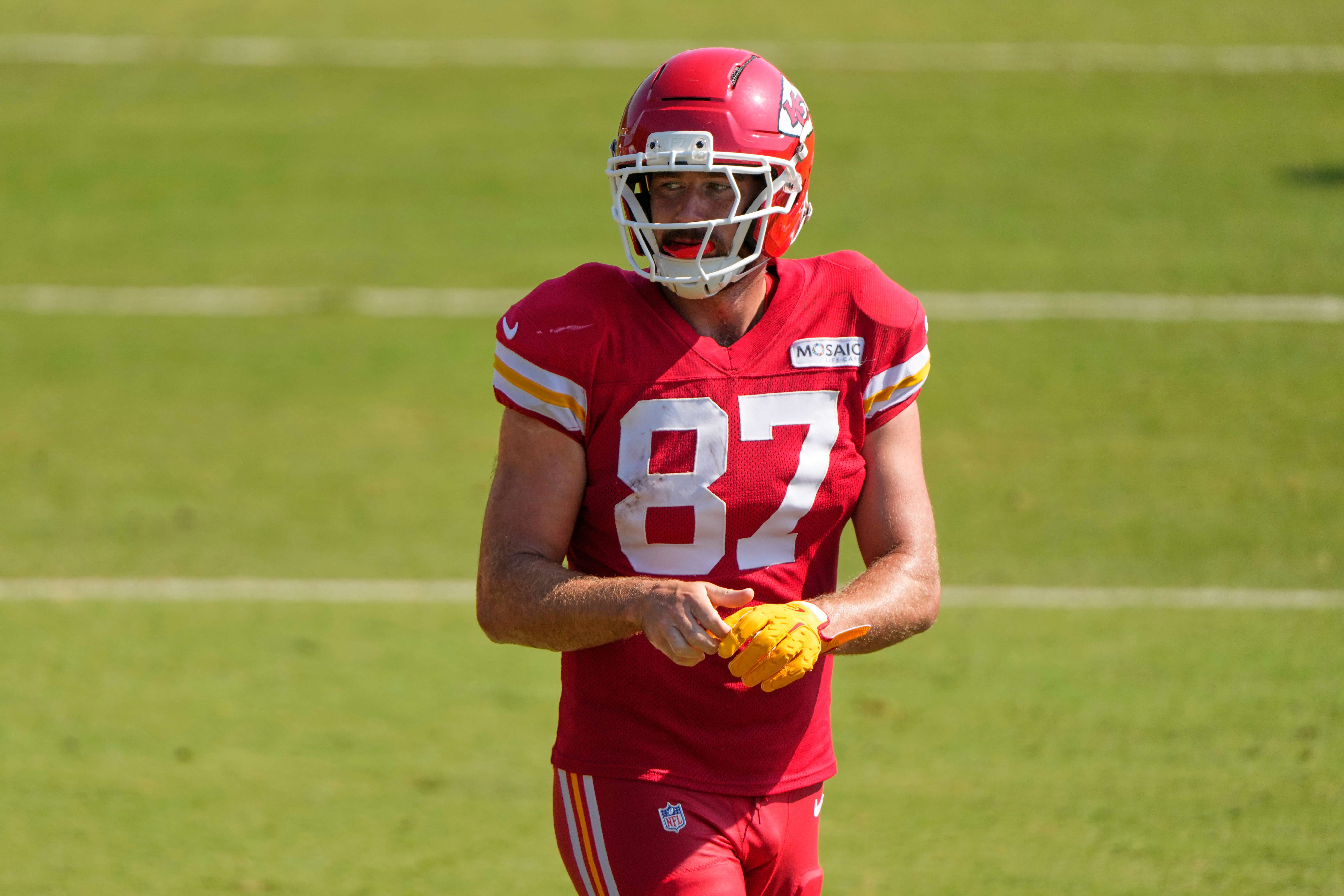 Kansas City Chiefs tight end Travis Kelce watches a drill at NFL football training camp Tuesday, Aug. 5, 2025, in St. Joseph, Mo. (AP Photo/Charlie Riedel)