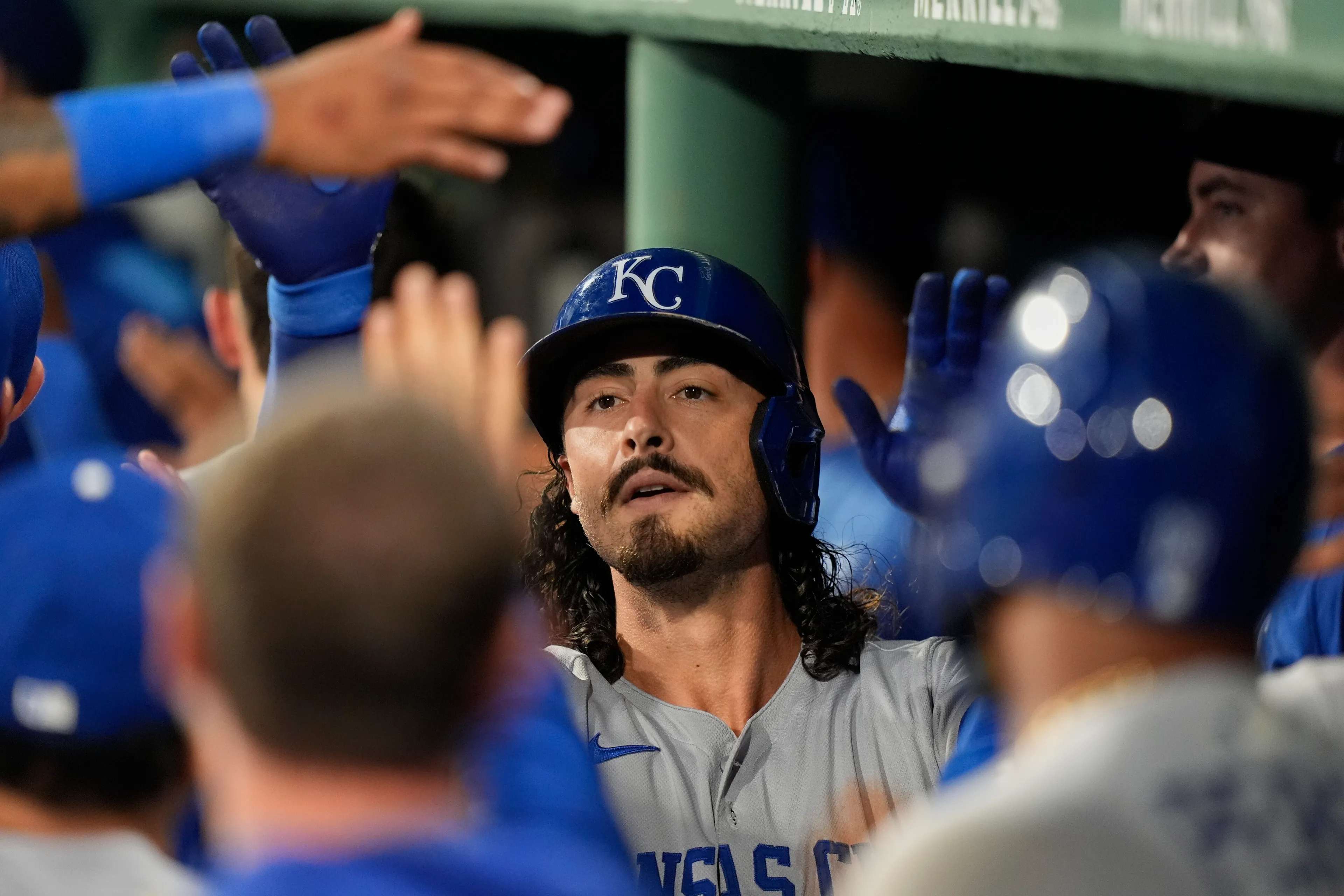 Kansas City Royals Jonathan India celebrates his three-run homer in the seventh inning of a baseball game against the Boston Red Sox, Wednesday, Aug. 6, 2025, in Boston. (AP Photo/Robert F. Bukaty)