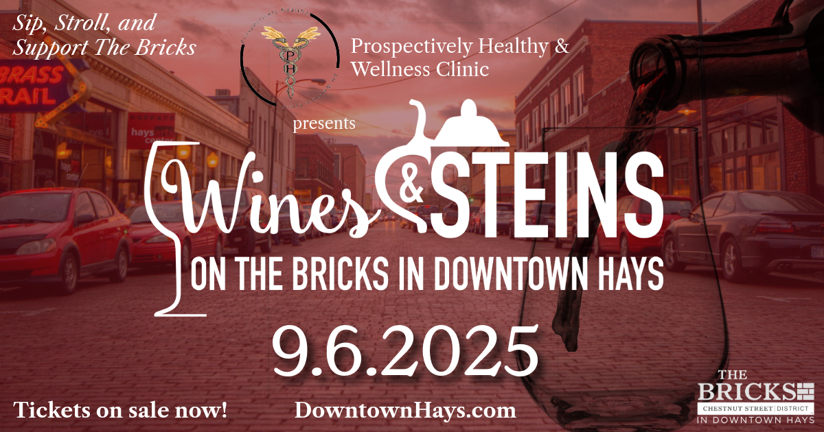 "Wines &amp; Steins"&nbsp; taking place on September 6th, 2025 from 6:00 to 9:30 pm in downtown Hays, KS. All proceeds support nonprofit organization, The Bricks.; courtesy of Downtown Hays