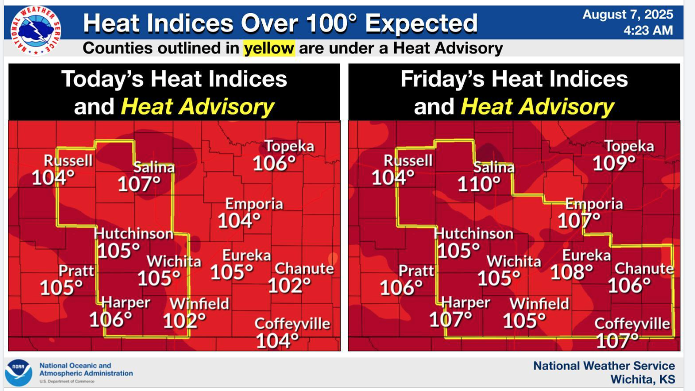 August 7 and August 8 heat indices and heat advisories issued in Central Kansas according to the US National Weather Service (Wichita, KS); courtesy photo 